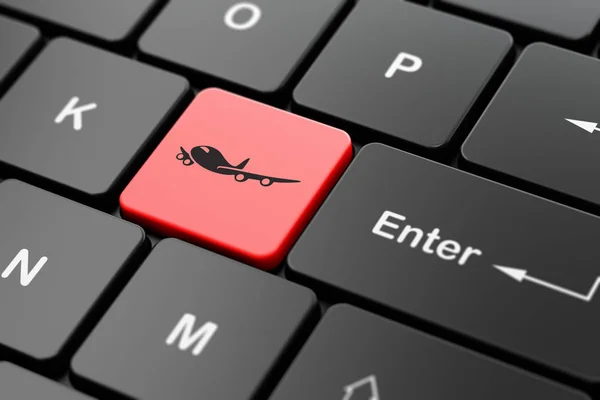 Vakantie concept: vliegtuig op computer toetsenbord achtergrond — Stockfoto