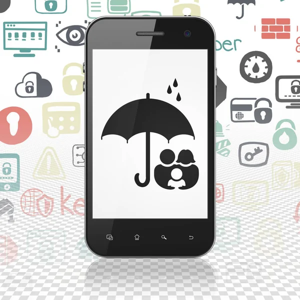 Koncepcja bezpieczeństwa: smartfona z rodziny i parasol na wyświetlaczu — Zdjęcie stockowe