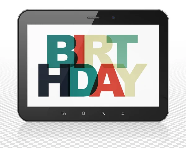 Entretenimento, conceito: Tablet PC Computador com Aniversário em exibição — Fotografia de Stock