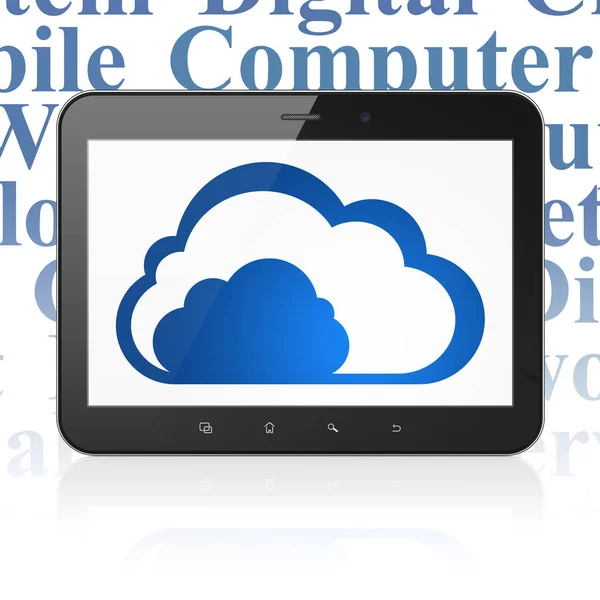 Koncepcja sieci w chmurze: komputer typu Tablet z chmury na wyświetlaczu — Zdjęcie stockowe
