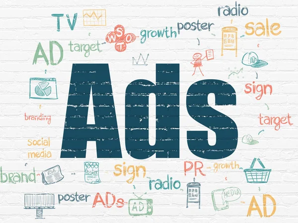 Έννοια της διαφήμισης: διαφημίσεις σε φόντο τοίχο — Φωτογραφία Αρχείου
