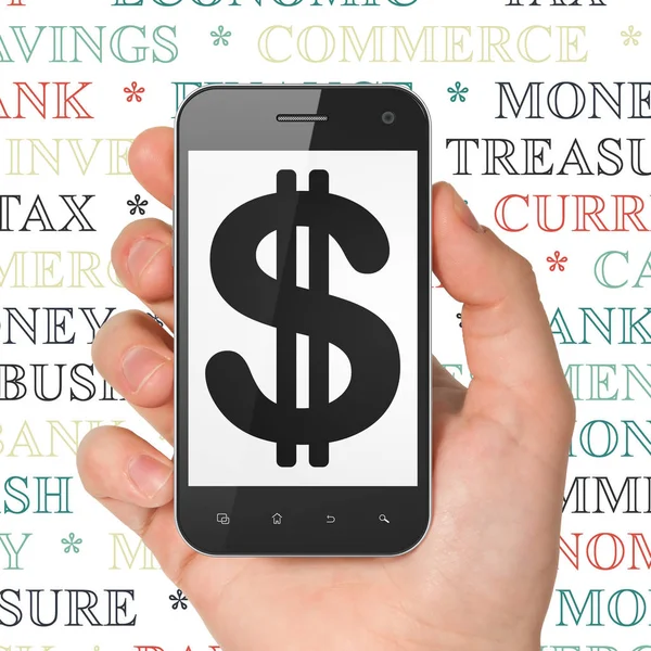 Pengar koncept: Hand hålla Smartphone med Dollar på displayen — Stockfoto