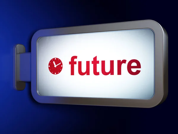 Концепция времени: будущее и часы на фоне рекламного щита — стоковое фото