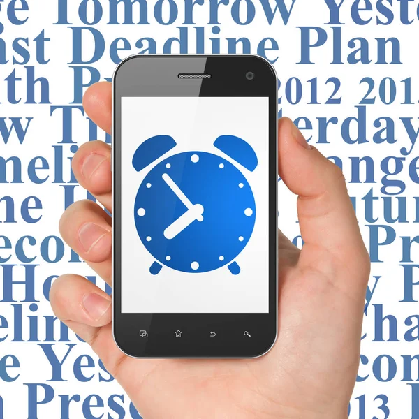 Concept de chronologie : Smartphone à main avec réveil à l'écran — Photo