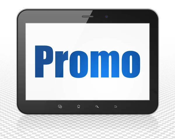 Koncepcja marketingu: komputer typu Tablet Pc z Promo na wyświetlaczu — Zdjęcie stockowe