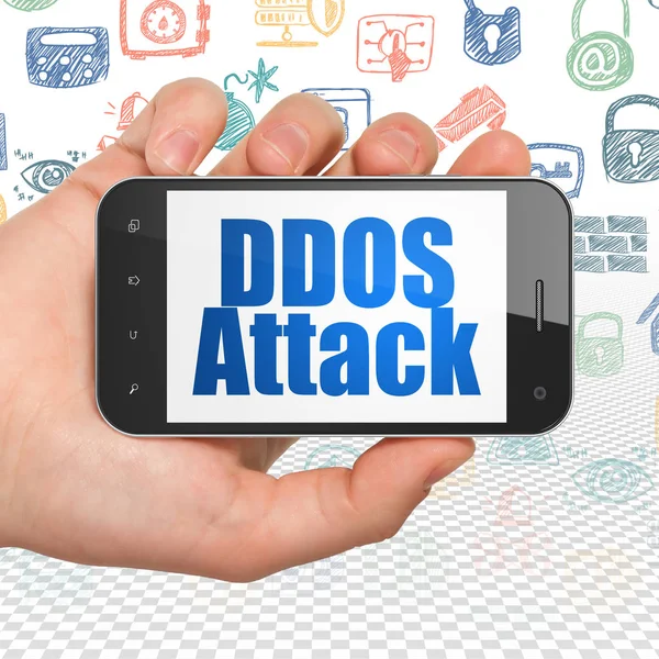 Privacy concept: Hand Holding Smartphone with DDOS Attack on display
