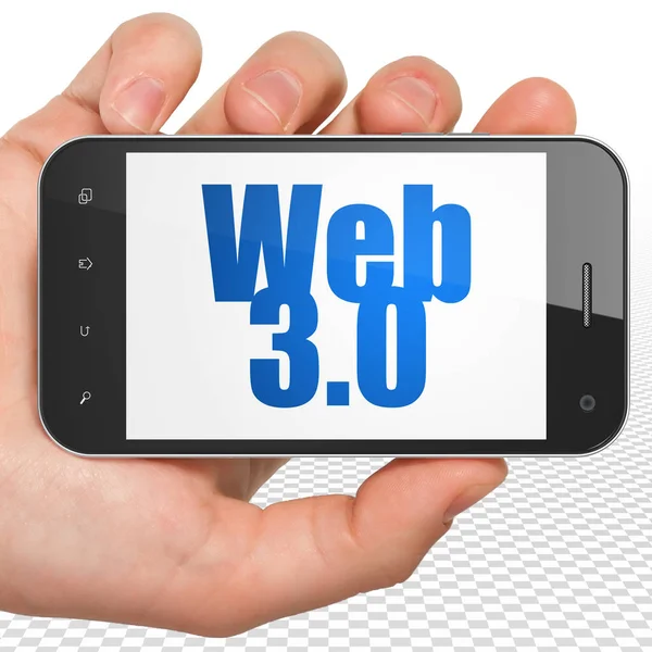 Web ontwikkelingsconcept: Hand Holding Smartphone met Web 3.0 op display — Stockfoto