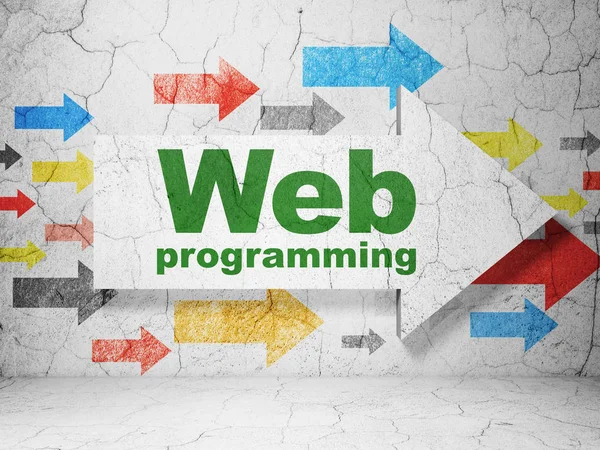 Concepto de desarrollo web: flecha con programación web sobre fondo de pared grunge — Foto de Stock
