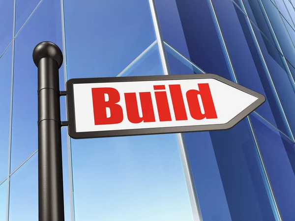 Het concept van de bouw van gebouw: Build ondertekenen op het opbouwen van de achtergrond — Stockfoto