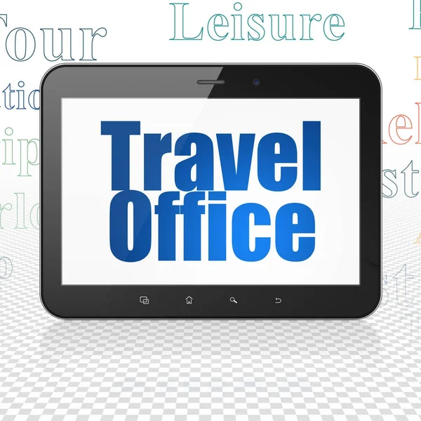 Vakantie concept: Tablet PC met Travel Office op display — Stockfoto