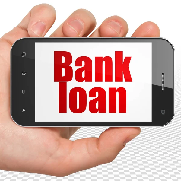 Para birimi kavramı: el Smartphone ile banka kredisi ekranda Holding — Stok fotoğraf