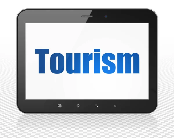 Turisztikai koncepció: tabletta Pc számítógép, a turizmus, a kijelzőn — Stock Fotó