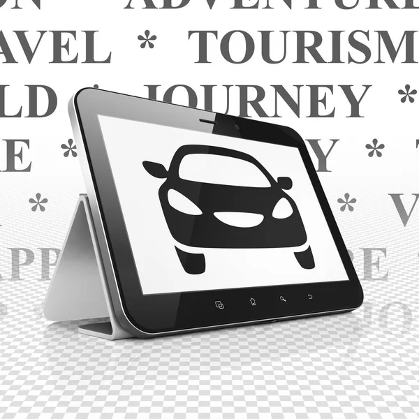 Vakantie concept: Tablet PC met auto op display — Stockfoto