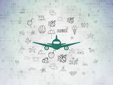 Turizm kavramı: dijital veri kağıt arka plan üzerinde uçak
