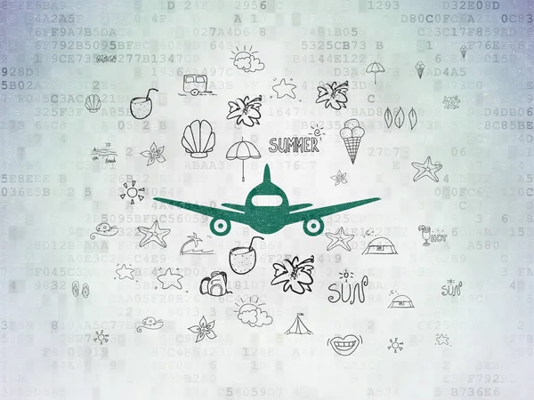 Turizm kavramı: dijital veri kağıt arka plan üzerinde uçak