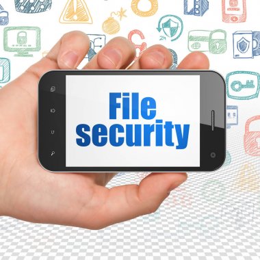 Emniyet konsepti: el Holding Smartphone ile ekranda dosya güvenliği