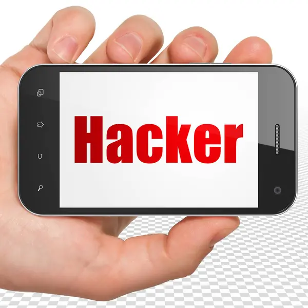 Concepto de protección: Smartphone de mano con Hacker en pantalla —  Fotos de Stock