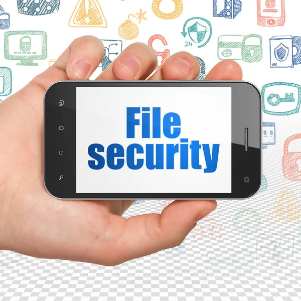 安全コンセプト: 手とディスプレイ上のファイルのセキュリティを保持しているスマート フォン — ストック写真