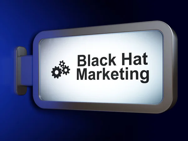 Bedrijfsconcept: Black Hat Marketing en Gears op billboard achtergrond — Stockfoto