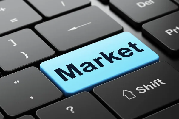 Концепция рекламы: рынок на фоне компьютерной клавиатуры — стоковое фото