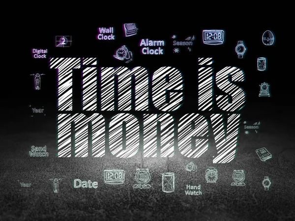 Concept van de tijd: tijd is geld in de donkere kamer grunge — Stockfoto