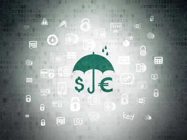 安全概念︰ 数字数据纸张背景上的钱和伞 — 图库照片