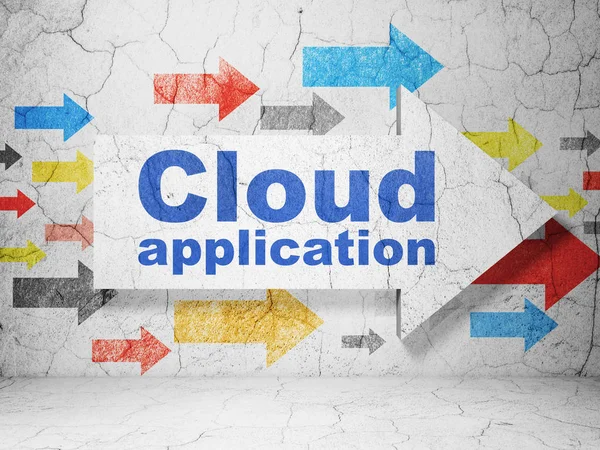 Σύννεφο υπολογιστών έννοια: βέλος με Cloud εφαρμογή σε τοίχο φόντο grunge — Φωτογραφία Αρχείου