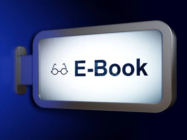 Learning concept: E-Book and Glasses on billboard background — Stock Photo, Image