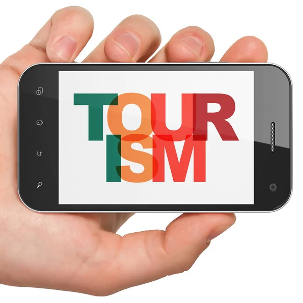 Έννοια του τουρισμού: χέρι εκμετάλλευση Smartphone με τον τουρισμό στην οθόνη — Φωτογραφία Αρχείου