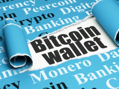 Cryptocurrency kavramı: metin Bitcoin cüzdan yırtık kağıt altında siyah