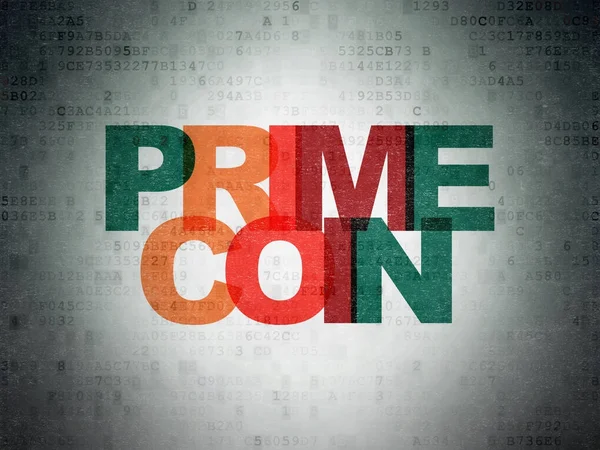 Blockchain संकल्पना: डिजिटल डेटा पेपर पार्श्वभूमीवर Primecoin — स्टॉक फोटो, इमेज