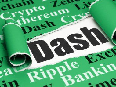 Cryptocurrency kavramı: metin Dash yırtık kağıt altında siyah