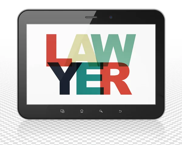 Понятие закона: планшетный ПК компьютер с адвокатом на дисплее — стоковое фото