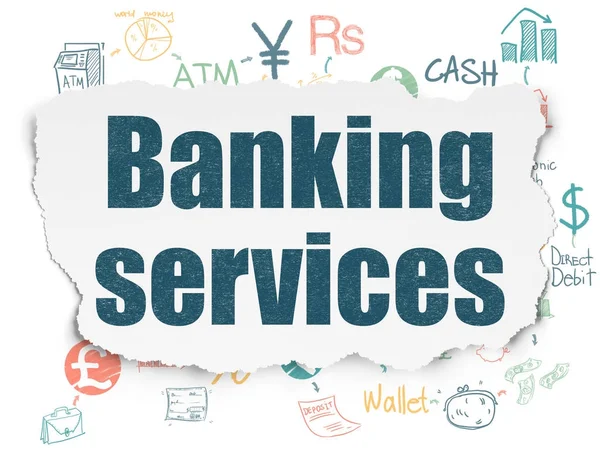 Банковская концепция: банковские услуги на фоне порванной бумаги — стоковое фото