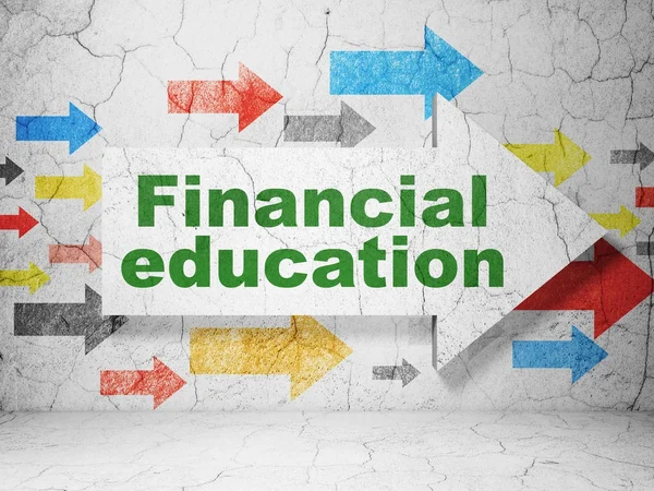 Conceito de aprendizagem: seta com educação financeira sobre fundo parede grunge — Fotografia de Stock