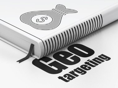 İş kavramı: kitap para çantası, coğrafi hedefleme beyaz arka plan üzerinde