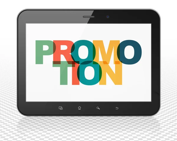 Marketingkonzept: Tablet-PC mit Promotion auf dem Display — Stockfoto