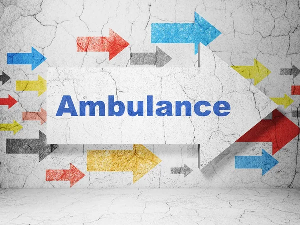 Koncept medicína: Šipka s Ambulance na pozadí zeď grunge — Stock fotografie