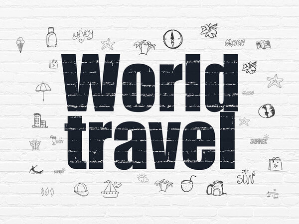 Tourism concept: Painted black text World Travel on White Brick wall background with Hand Drawn Vacation Icons