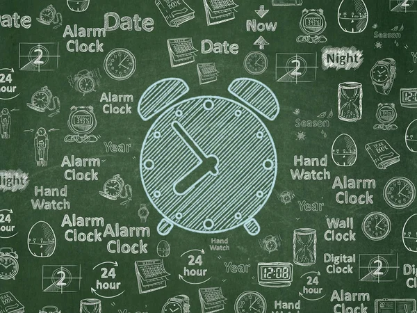 Timeline-Konzept: Wecker im Hintergrund der Schultafel — Stockfoto