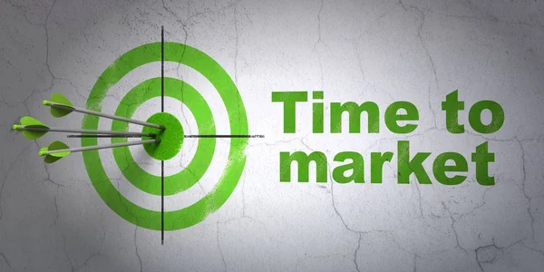 Concetto temporale: target e time to market sullo sfondo della parete — Foto Stock