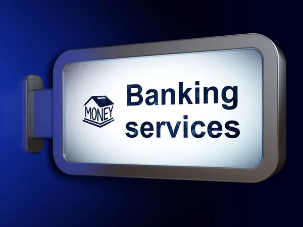 Bank fogalma: a banki szolgáltatások és a persely a billboard háttér — Stock Fotó