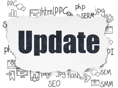 Web geliştirme kavramı: yırtık kağıt arka plan üzerinde güncelleme