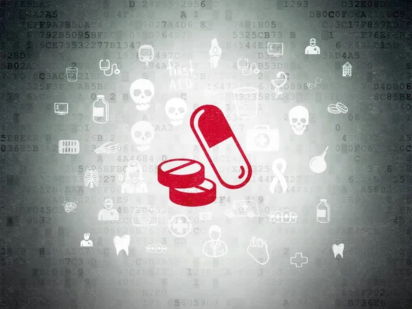 Concetto di assistenza sanitaria: pillole sullo sfondo della carta dati digitale — Foto Stock