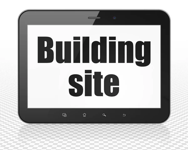 Concepto de construcción de edificios: Tablet PC Ordenador con sitio de construcción en exhibición — Foto de Stock