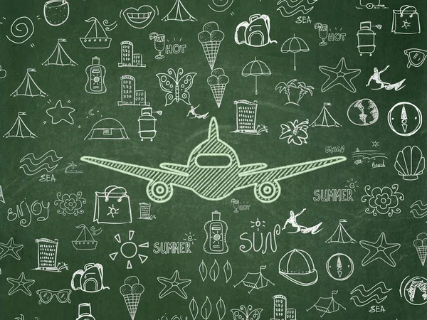 Turisztikai koncepció: repülőgép iskolaszék háttér — Stock Fotó