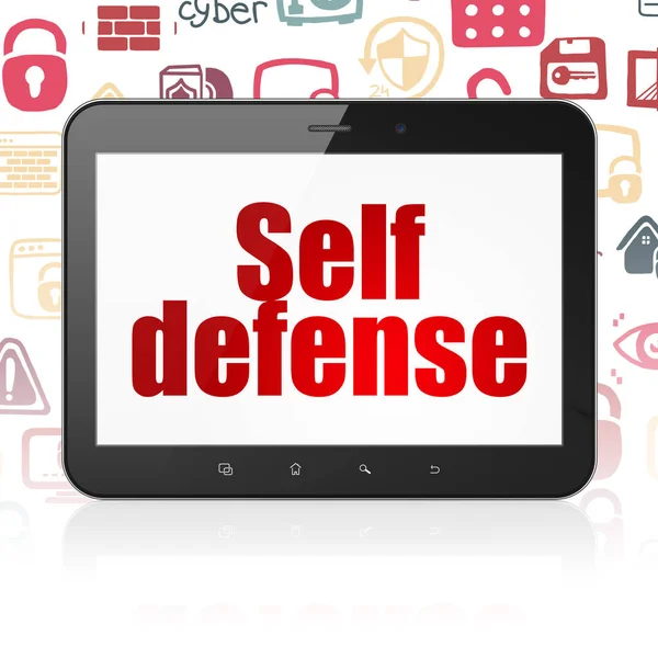 Veiligheidsconcept: Tablet PC met Self Defense tentoongesteld — Stockfoto