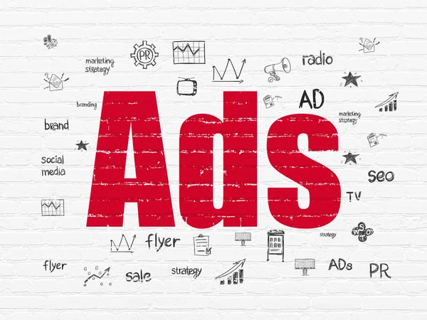 Έννοια του μάρκετινγκ: διαφημίσεις σε φόντο τοίχο — Φωτογραφία Αρχείου