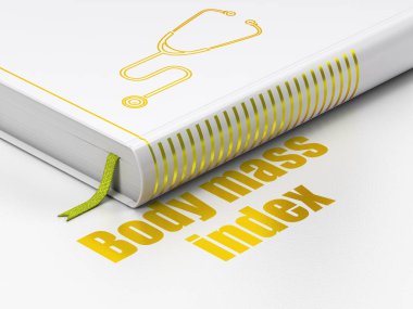 Sağlık kavramı: kitap stetoskop, vücut kitle indeksi beyaz arka plan üzerinde