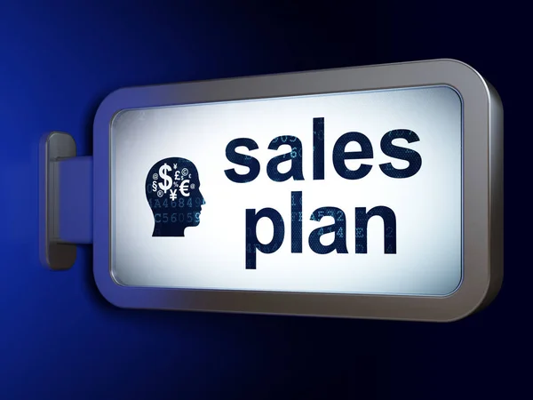 Advertising concept: Sales Plan and Head With Finance Symbol on billboard background — Stock Photo, Image